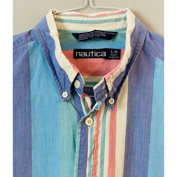 Vintage 1990's Nautica Pastel Striped Short Sleeve Button Shirt Mens Large - Picture 3 of 12